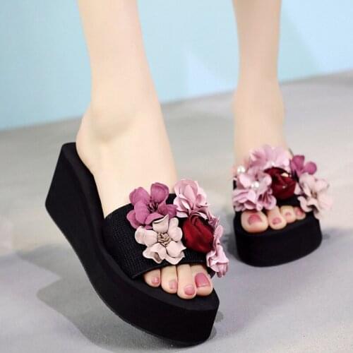 3-6cmHigh Heel Womens Summer Handmade Flowers Ladies Flip Flops Non-slip Thick Sandals and Slippers Fashion Beach ShoesSlipper