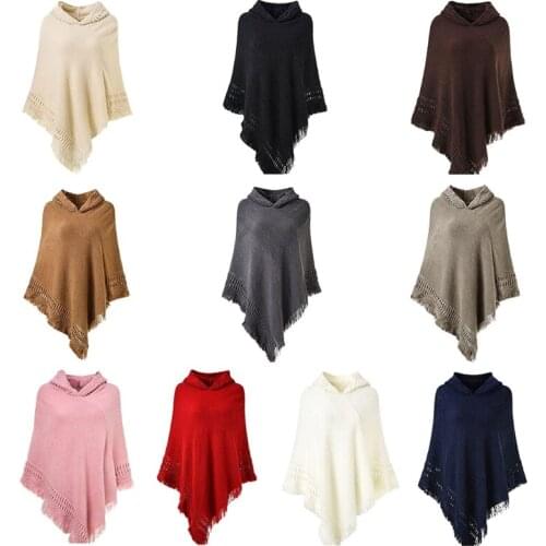 Women Winter Knitted Hooded Poncho Cape Solid Color Crochet Fringed Tassel Shawl Wrap Oversized Pullover Cloak Sweater