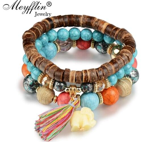 Meyfflin Bohemian Wood Beaded Bracelets & Bangles for Women Ethnic Tassel Elephant Multilayer Bracelet Charm Pulseiras Bijoux