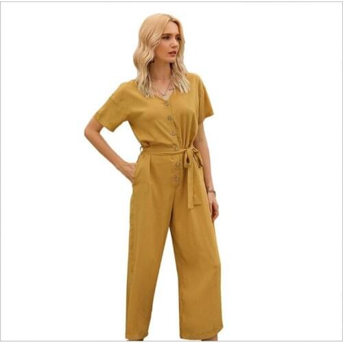 Summer Fashion Solid Color Jumpsuit Women Round Neck Short-Sleeve Women Rompers Color Waistband Single Breasted Jumpsuit