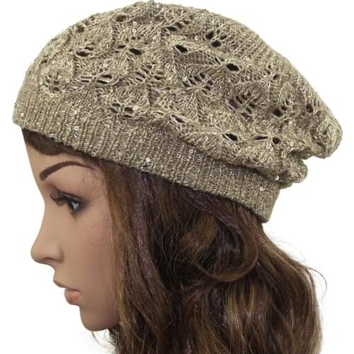 2021 Women Bright Sequins Crochet Braided Knit Beret Baggy Beanie Cap Hat Summer hat Spring Hat Autumn hats Fashion Cap