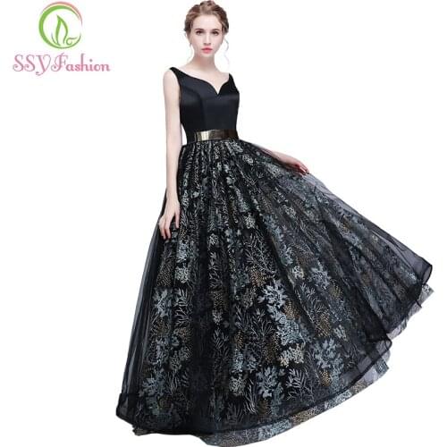 SSYFashion Sexy Black Prom Dress The Bride Banquet Backless V-neck Lace Flower Floor-length Sleeveless Evening Party Formal Gown