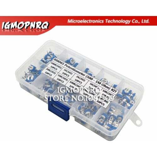 100pcs/Box RM065 Potentiometer Adjustable Resistor Kit 500 - 1M Ohm Multiturn Trimmer Potentiometer Set Variable Resistors Kit