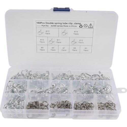 150Pcs Φ5-Φ14 Fastener Hose Clamp Kits, Double Wire Spring Pipe Clamp for Water Pipe, Plumbing and Mechanical Using