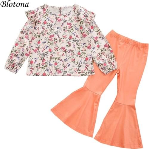 Blotona 2Pcs Toddler Casual Outfits Girls Flower Long Sleeve O-Neck Ruffle Pullover+Solid Color Flared Pants 18Months-6Years