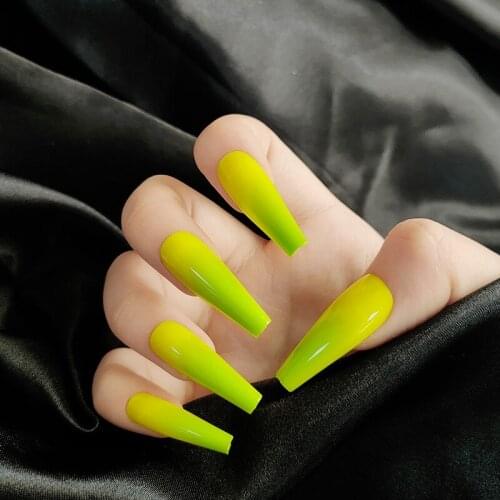 24PCS/box press on nails long paragraph yellow green Gradients Manicure patch wearable full cover fake nail tips for grils