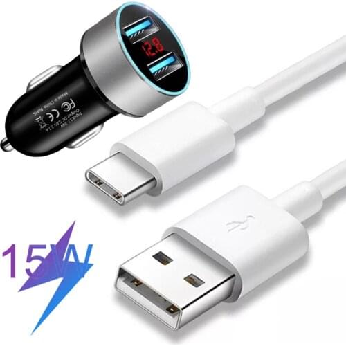 Dual USB Fast Charge Phone Car Charger LED Display For Samsung S21 S20 FE S10 S9 Plus Note 20 Ultra Type C USB Car Charge Cable