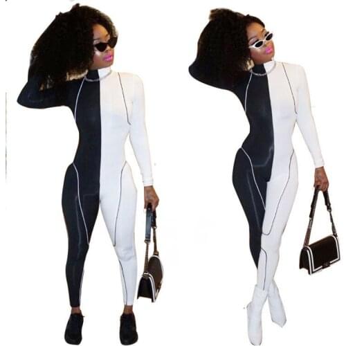 White Black Patchwork Bodycon Jumpsuits Women Clothes Summer 2020 Rompers Sexy Club Outfits Long Sleeve Skinny Overalls Female