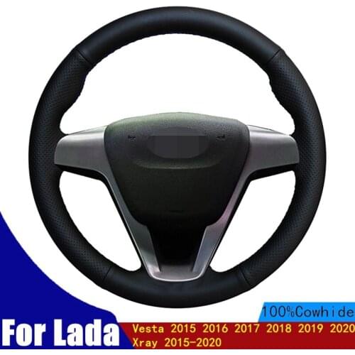 DIY Car Steering Wheel Cover Soft Black Genuine Leather For Lada Vesta 2015 2016 2017 2018 2019 2020 Xray 2015-2020