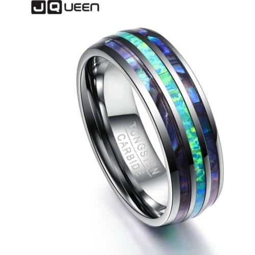 JQUEEN 8MM Wide Polished Abalone Shell Tungsten Carbide Rings Dome Triple Grooved Opal Tungsten Steel Ring Never Fade
