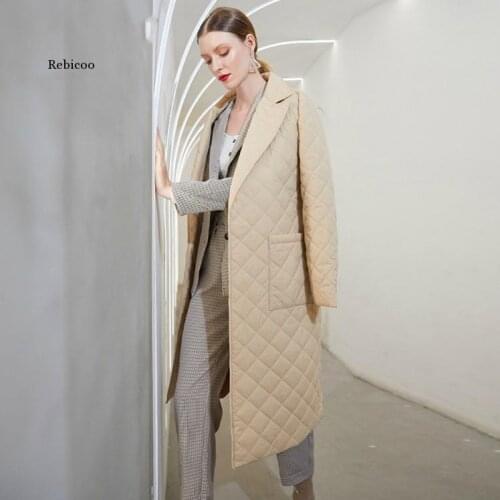 Fashion Female Winter Windproof Jacket Casual Sashes Women Winter Parka Long Straight Coat with Rhombus Pattern