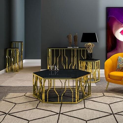 Luxury group A living room matching combination size coffee table stainless steel golden tempered glass surface coffee table