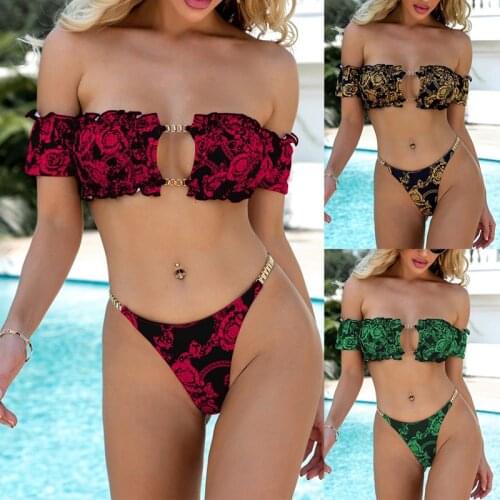 Ruffled Off Shoulder Printed Bikini Set Women Swimwear Female Swimsuit 2-Pieces Bathing Suit Swim