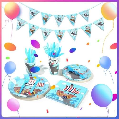 Pirate Shark Theme Party Decoration Disposable Tableware Paper Cup Plate Napkin Banners Baby Shower Birthday Party Supplies