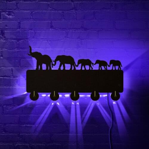 Elephant Family LED Lamp Hook Wall Door Clothes Coat Hat Hanger Kitchen Bathroom Bedroom Towel Hooks Wildlife Animals Key Holder