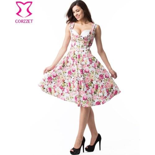 Vintage And Fashion Pink Floral Print Women Rockabilly Dress Sleeveless Padded Cup Sexy Dresses Vestidos Mujer 2016 Herfst Jurk