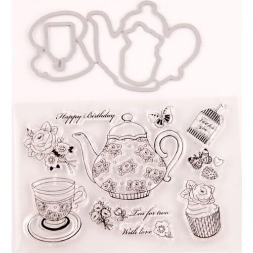 Teapot Seal Stamp with Cutting Dies Stencil Set DIY Scrapbooking Embossing Photo Album Decorative Paper Card Craft