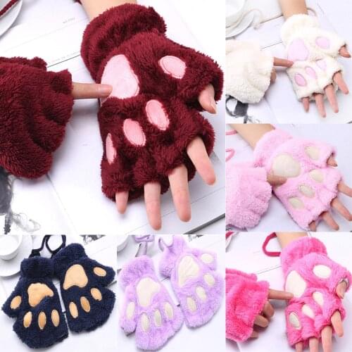 Women Plus Velvet Thickening Half-finger Flip Keep Warm Glove Cute Cat Claw Paw Plush Mittens Soft Half Finger Gloves Gants