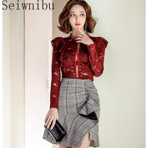2019 Spring Autumn Two piece set Women New Fashion long Sleeve Lace hollow out blouse high waist Ruffle plaid Skirt Women Sets