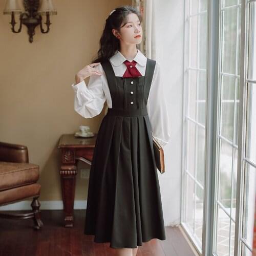 Preppy Style Dress Set Women 2021 Bow Tie Doll Collar Cute White Shirt Top+Black Sleeveless Retro Fashion Strap Dress Suit Lady