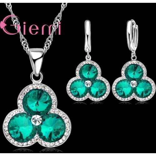 Women Ladies Beautiful Flowers Shape Design 925 Sterling Silver Green Cubic Zirconia Pendant Necklace Earrings Jewelry Sets