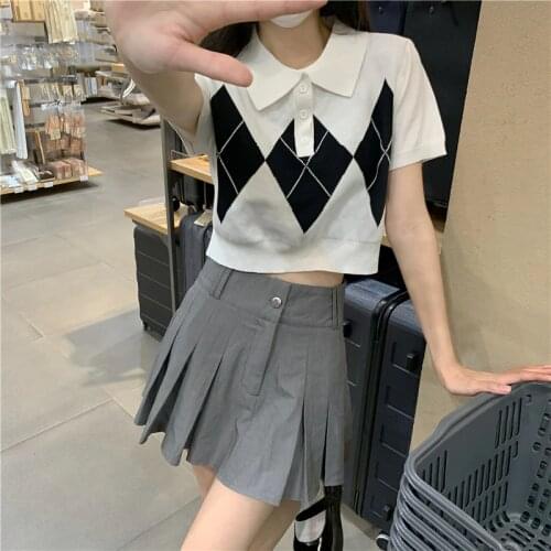 Retro Y2K Argyle Knitted Pullovers Women Summer 2021 Fashion Preppy Style Polo Neck Loose Single Breasted Short Sleeve Crop Top
