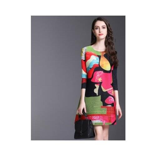 HOT SELLING Miyake Seven sleeve fold geometry printing o-neck dress fashion IN STOCK