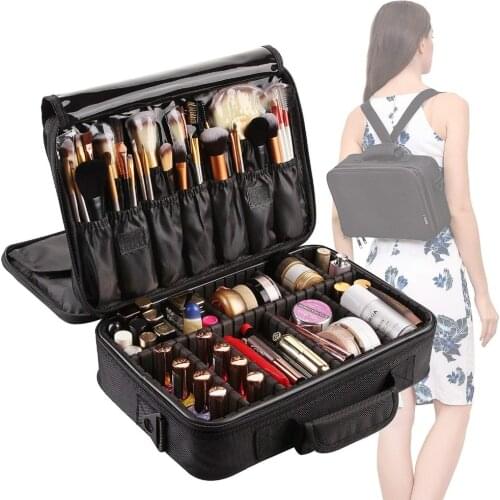 3 Layers Waterproof Makeup Bag Travel Cosmetic Case Brush Holder with Adjustable Divider L0450