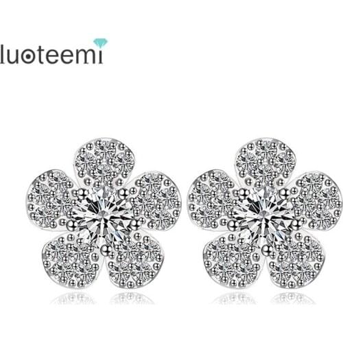 LUOTEEMI Brand Wholesale Shining Princess CZ Micro Pave Stud Flower Earrings for Women New Christmas Cute Earrings Jewelry