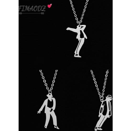 FIMAODZ Dance Star Michael Jackson Necklace Stainless Steel Figure Pendant Silver Chain Necklaces Fans Gift Collection