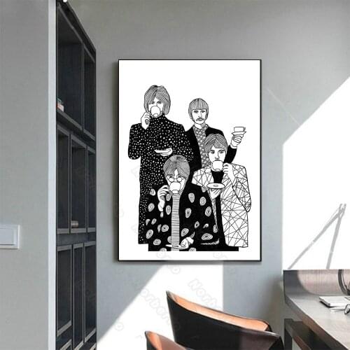 Canvas Painting Wall Poster Black and White Stick Figure Picture or Photo Four People Drinking Coffee for Home Rooms Wall Decora