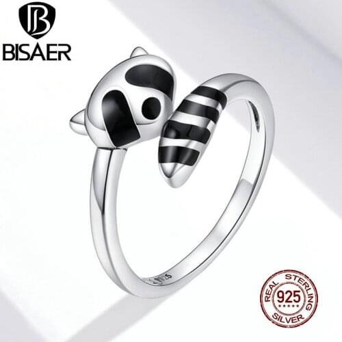 BISAER Black Raccoon Animal Rings 100% 925 Sterling Silver Open Adjustable Finger Ring for Women Friendship Jewelry ECR652