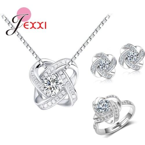 Delicate 925 Sterling Silver Cubic Zirconia Necklaces Earrings Rings Sets For Women Flower Bridal Jewelry Sets Friendship Gift