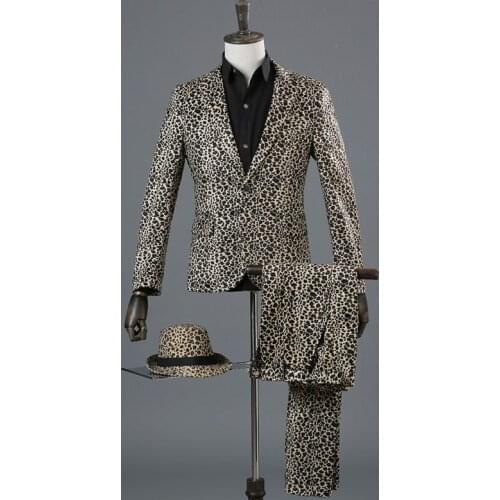 New Men Leopard Formal Dress Blazer 2PCS Suits Trousers Jacket Pants One Button Male Set