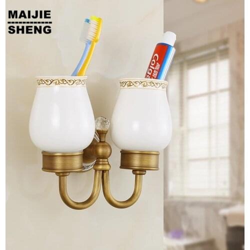 Brass antique crystal double cup holder toothbrush Antique Brass Double Tooth Brush Holder Bathroom Cup Holder Toothbrush Holder