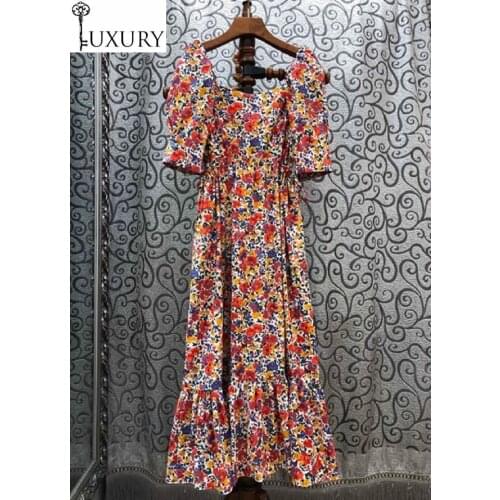 Summer 100%Cotton Fashion 2020 Woman Sexy Square Collar Colorful Flower Print Short Sleeve Ankle Long Maxi Dress Lux