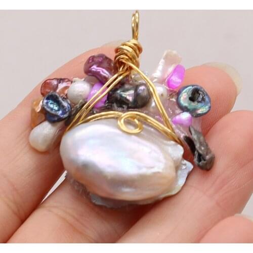 Natural Gem Irregular Pearl Wound Gold Thread Pendant DIY Elegant Charm Necklace Sweater Chain Jewelry Accessories Make 35x45mm