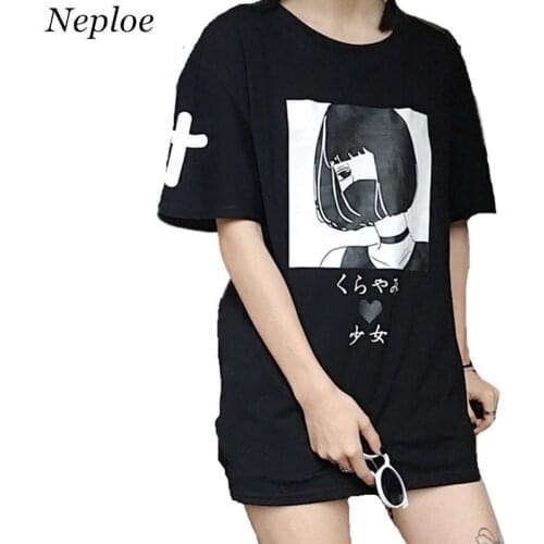 Neploe Long T-shirt Harajuku Vintage Tee 2021 Summer Short Sleeve O-neck T Shirt Cartoon Print Tops Woman Causal T Shirts 34537