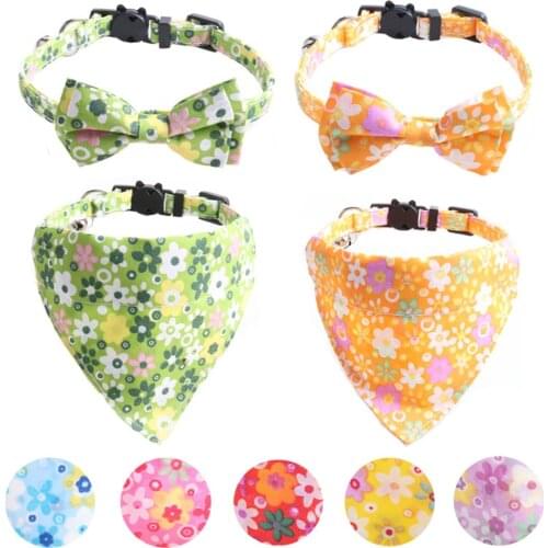 Cats Collars Scarf Bibs Adjustable Summer Flower Pattern Kitten Collars Safety Buckle Puppy Bandana Pets Necklace Accessories