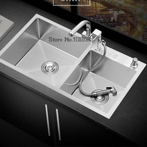 304 Stainless Steel Wash Basin Sink Double Trough Household Kitchen Manual Thickened Hand Washing Sink Set