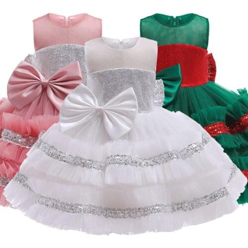 Christmas Green Sequined Bow Layered Princess Birthday Party Children Baby Girl Clothes Ball Gown Dresses White Vestido 1 Year
