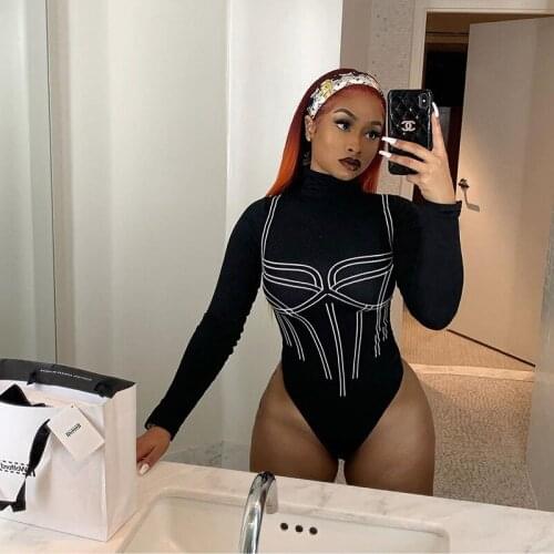 Sexy Women High Street Long Sleeve High Turtleneck Personalized Printing Jumpsuit Slim Leotard Bodysuit