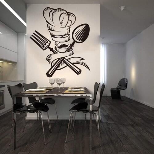 Spoon Fork Chef Moustache Hat Wall Sticker Kitchen Dinning Room Chef Beard Kitchen Tools Wall Decal Restaurant Vinyl 3469