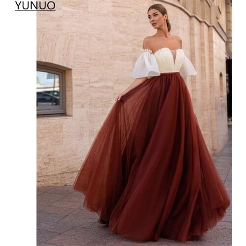 YUNUO Elegant A Line Draped Organza Long Evening Dresses Strapless Removable Sleeves Dark Wine Red Tulle Skirt Prom Gowns платье