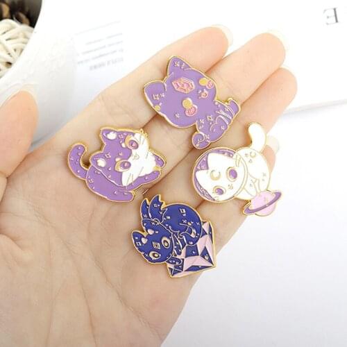 Moon Starry Sky Cat Enamel Pin Purple Wizard Hat Witch Space Cat Kitten Brooches For Women Lapel Pin Magic Badge Jewelry Gift