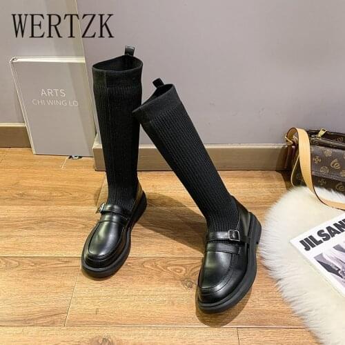 2021 Flat Mid-calf Boots Platform Women Slim Thick Sole Stretch Fabric Boots Women Shoes Black Spring/Autumn Long Boots Women