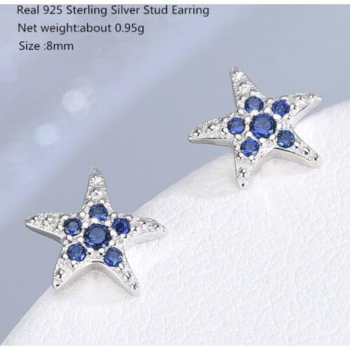 Buyee Real 925 Sterling Silver Star Stud Earring Shiny Blue Zircon Simple Pentagram Wedding Earring for Women Fashion Jewelry