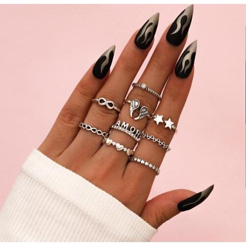 9Pcs/Set Women Fashion Silver Color Ring Exquisite Wing Infinity Love Star Heart Geometric Letter Joint Ring Set Lady Jewelry