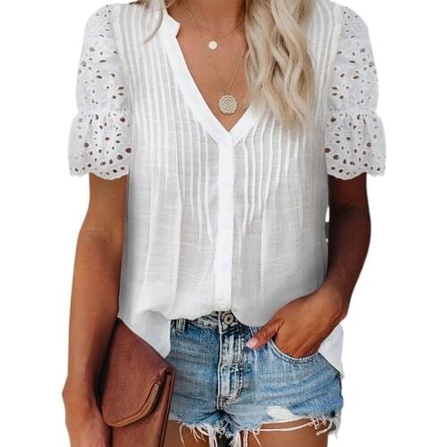 Solid Blouse Hollow Out Casual Ladies Top V Neck Pleated Ruffle Short Sleeve Women Shirts Blouses Beach Loose Women Tops Blousa