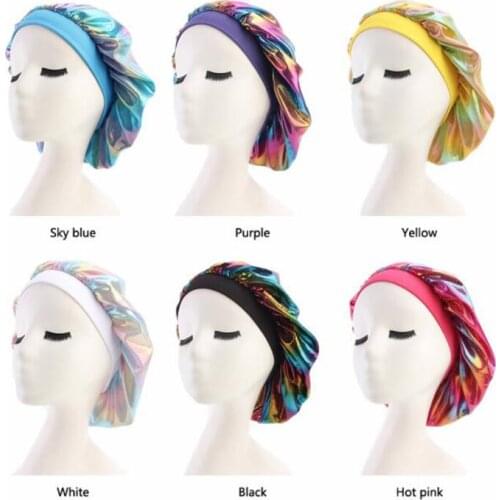 Colorful Hair Styling Caps Laser Women SilkyTurban Hat Wigs Women Satin Headwear Bonnet Sleeping Bandanas Hair Styling Tool